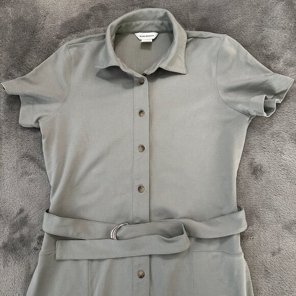 Club Monaco Sage Green Ponte Knit Belted Shirt Dress LARGE Short Sleeve - Picture 3 of 7